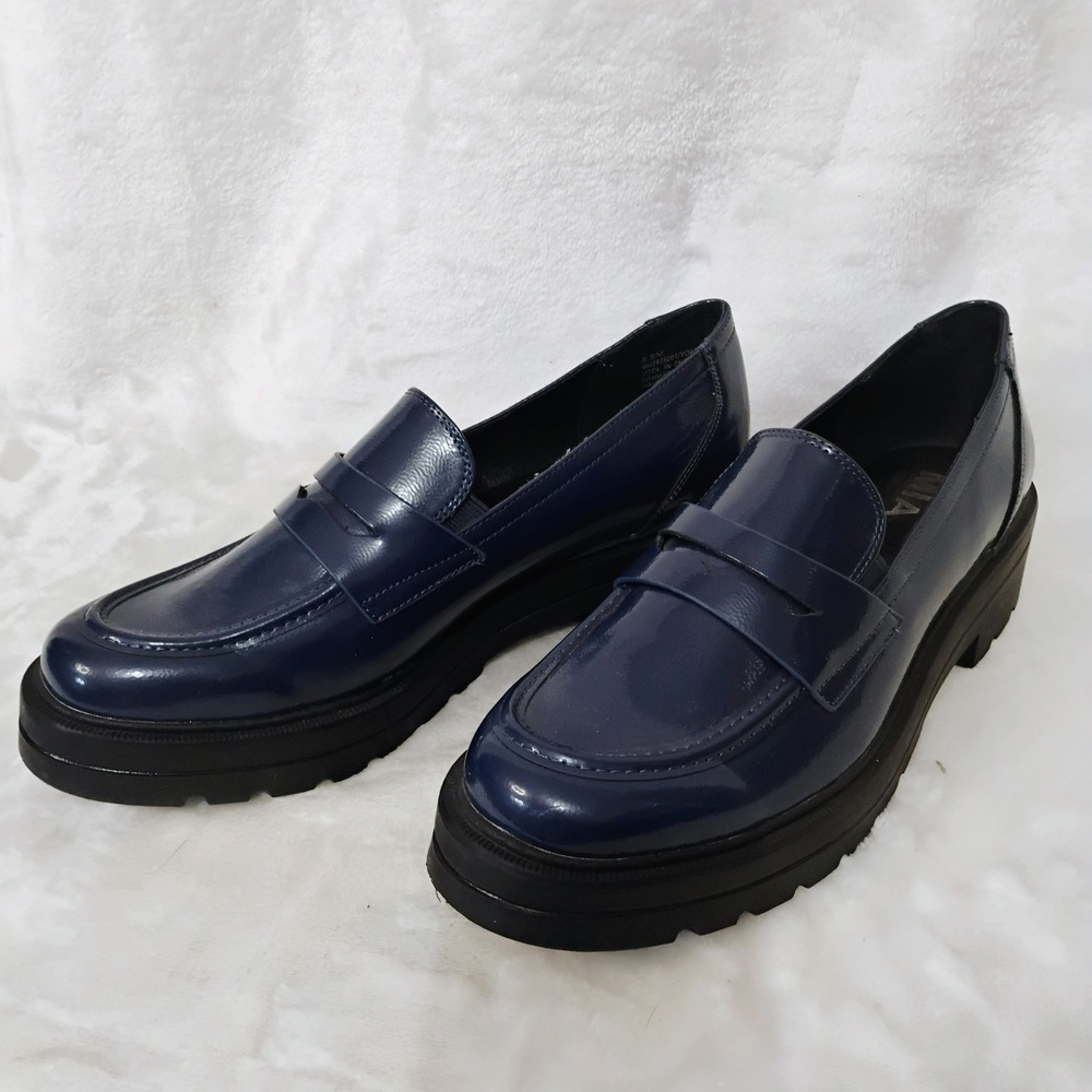 MIA Yoani Navy Blue Patent Platform Penny Loafers Lug Sole Womens 8.5 M
